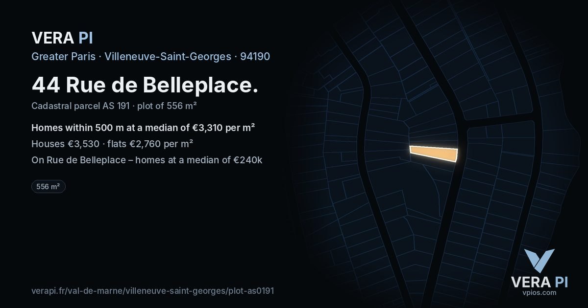 44 Rue de Belleplace, Villeneuve-Saint-Georges at night – the plot lit, the parcels around coloured by the prices near them