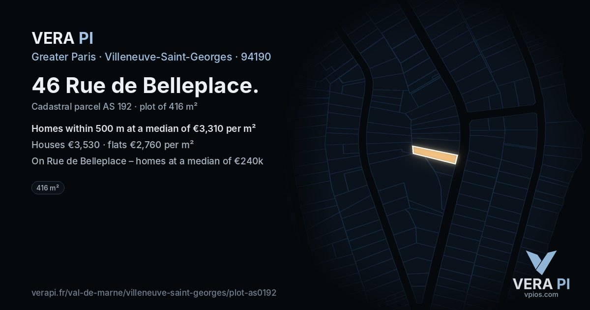 46 Rue de Belleplace, Villeneuve-Saint-Georges at night – the plot lit, the parcels around coloured by the prices near them