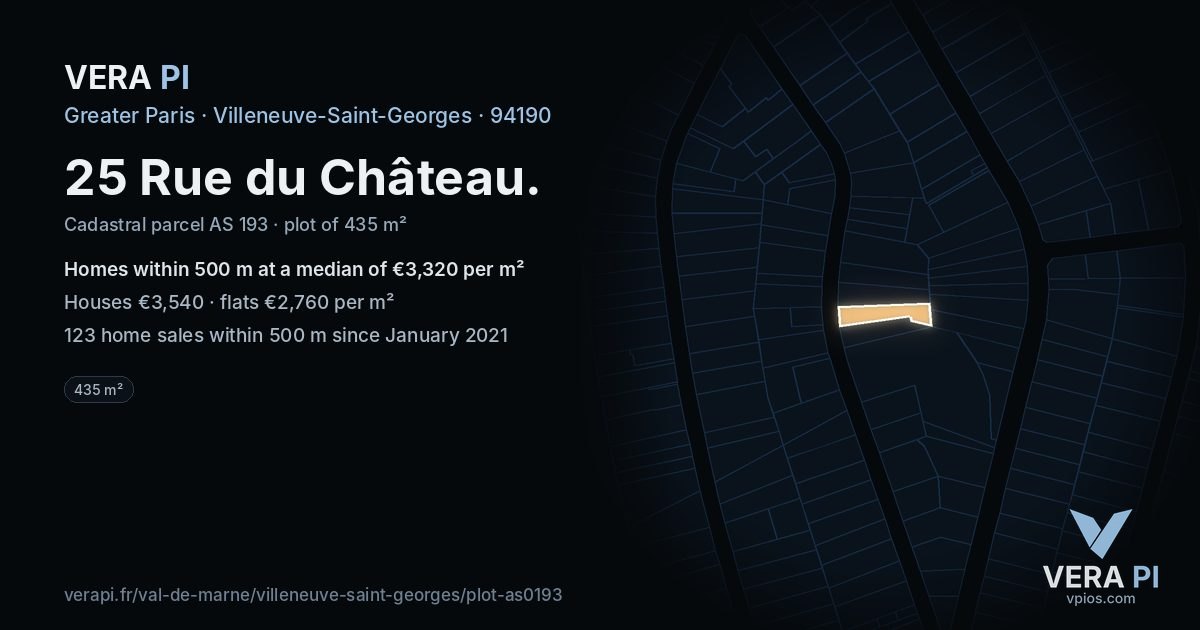25 Rue du Château, Villeneuve-Saint-Georges at night – the plot lit, the parcels around coloured by the prices near them