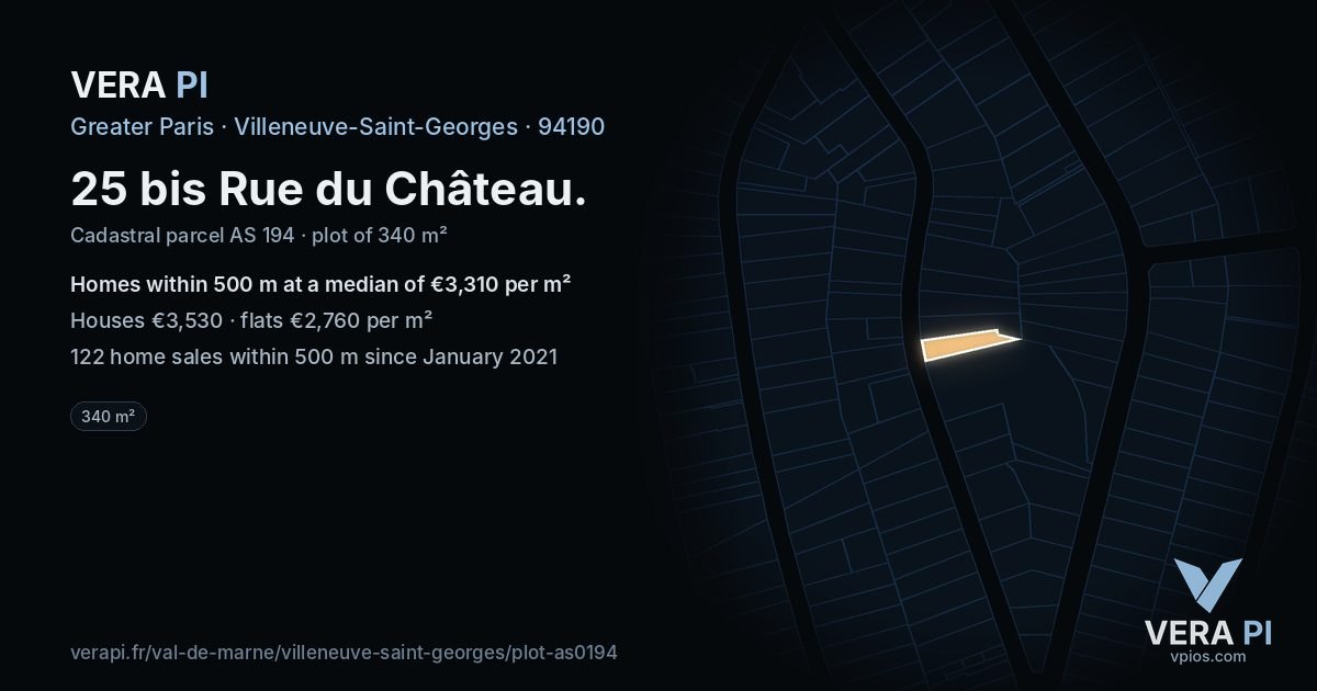 25 bis Rue du Château, Villeneuve-Saint-Georges at night – the plot lit, the parcels around coloured by the prices near them