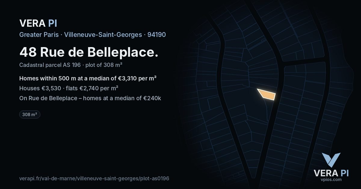 48 Rue de Belleplace, Villeneuve-Saint-Georges at night – the plot lit, the parcels around coloured by the prices near them