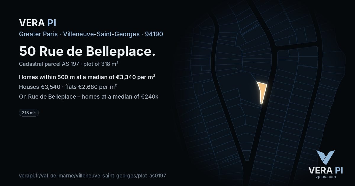 50 Rue de Belleplace, Villeneuve-Saint-Georges at night – the plot lit, the parcels around coloured by the prices near them