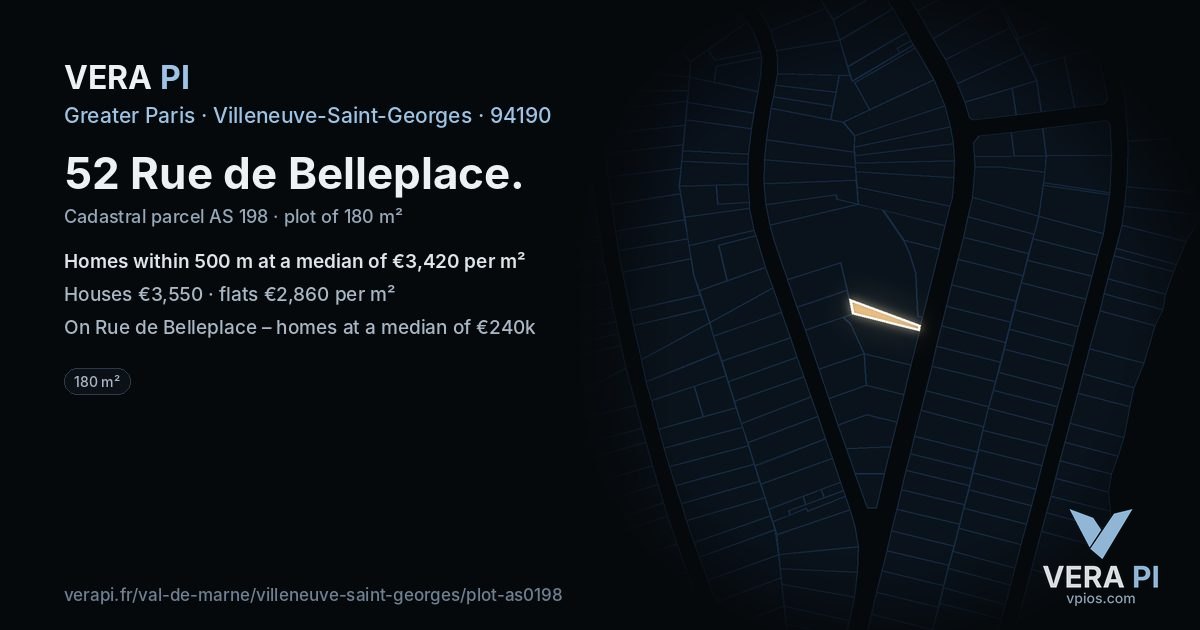52 Rue de Belleplace, Villeneuve-Saint-Georges at night – the plot lit, the parcels around coloured by the prices near them