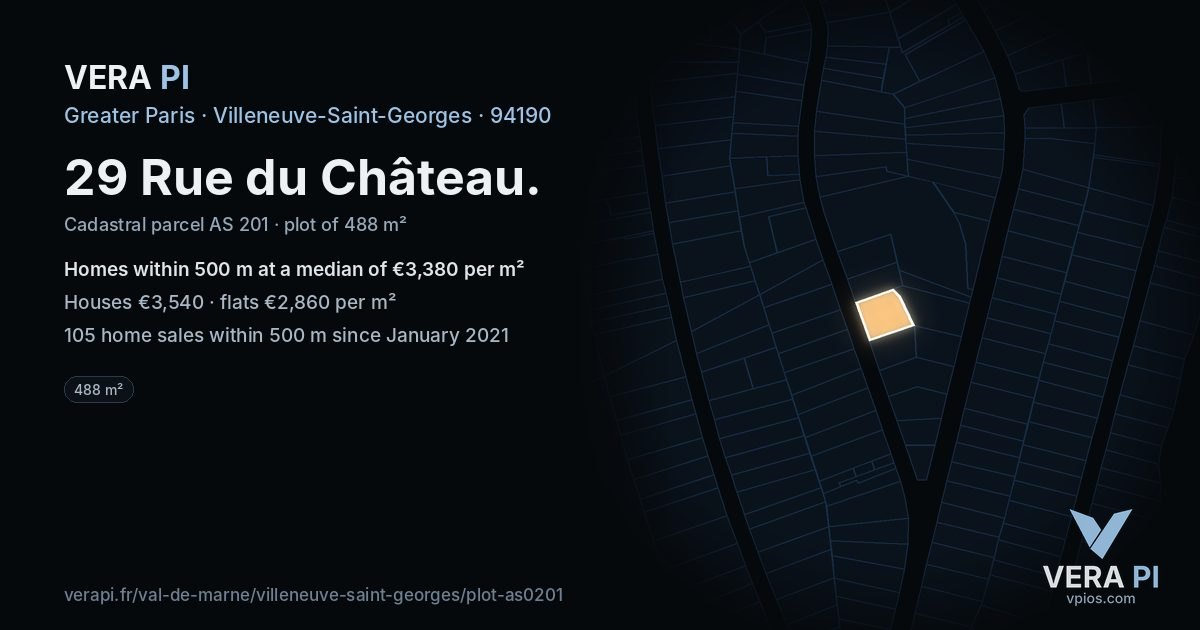 29 Rue du Château, Villeneuve-Saint-Georges at night – the plot lit, the parcels around coloured by the prices near them