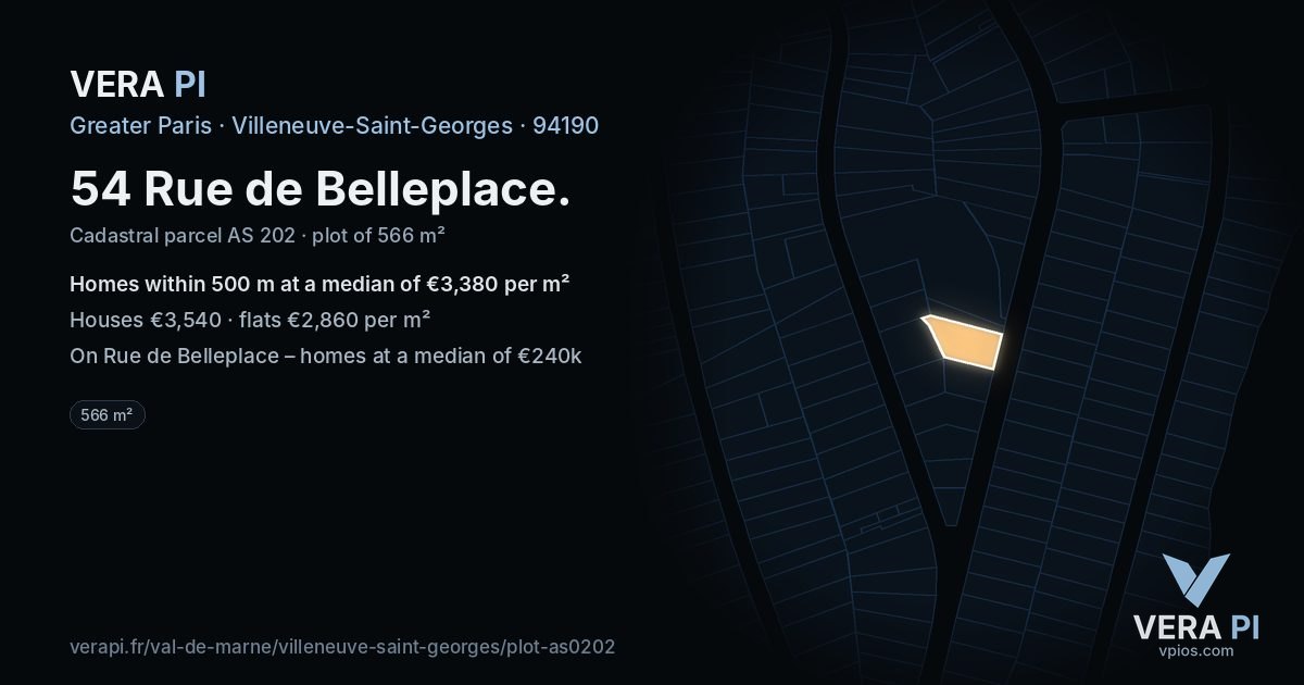 54 Rue de Belleplace, Villeneuve-Saint-Georges at night – the plot lit, the parcels around coloured by the prices near them