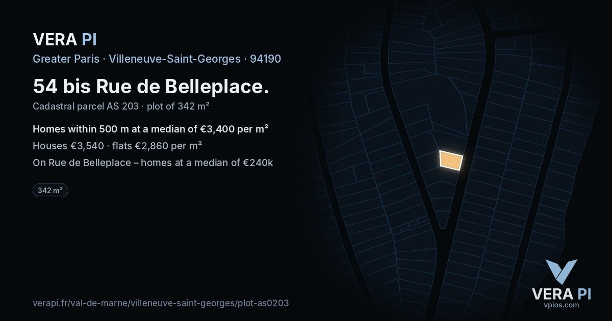 54 bis Rue de Belleplace, Villeneuve-Saint-Georges at night – the plot lit, the parcels around coloured by the prices near them
