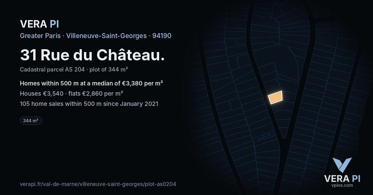 31 Rue du Château, Villeneuve-Saint-Georges at night – the plot lit, the parcels around coloured by the prices near them