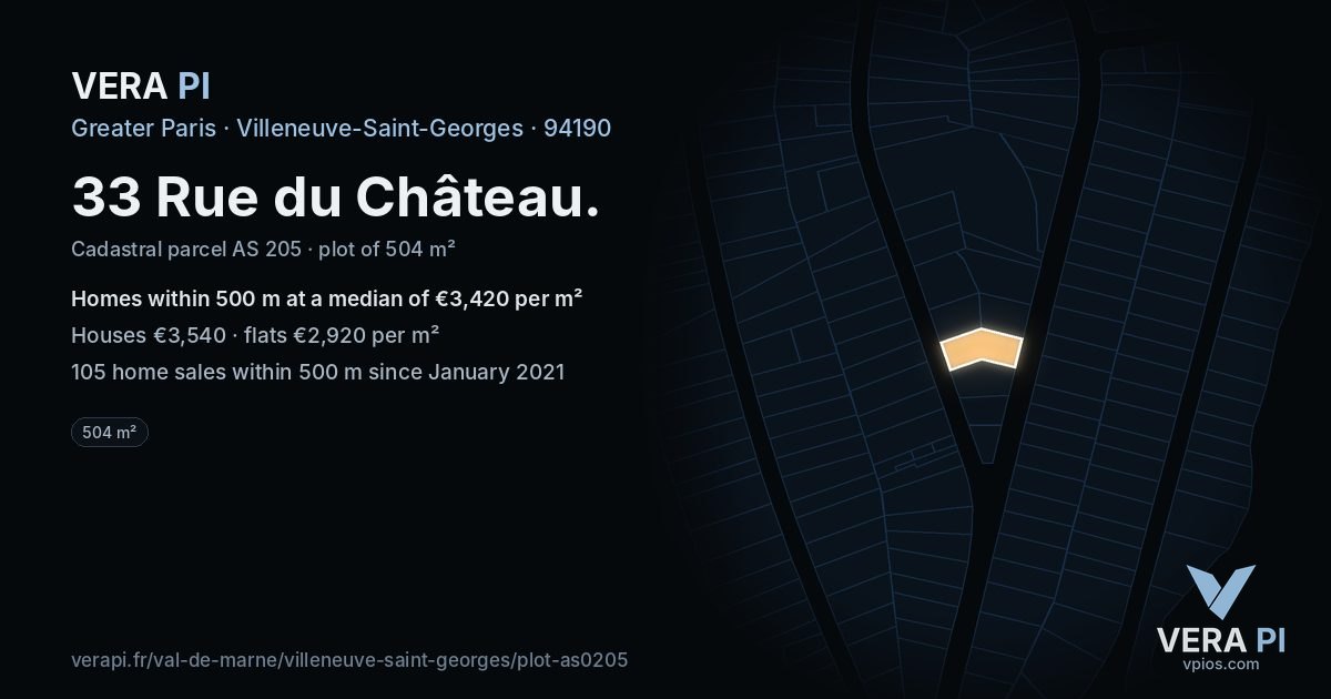 33 Rue du Château, Villeneuve-Saint-Georges at night – the plot lit, the parcels around coloured by the prices near them