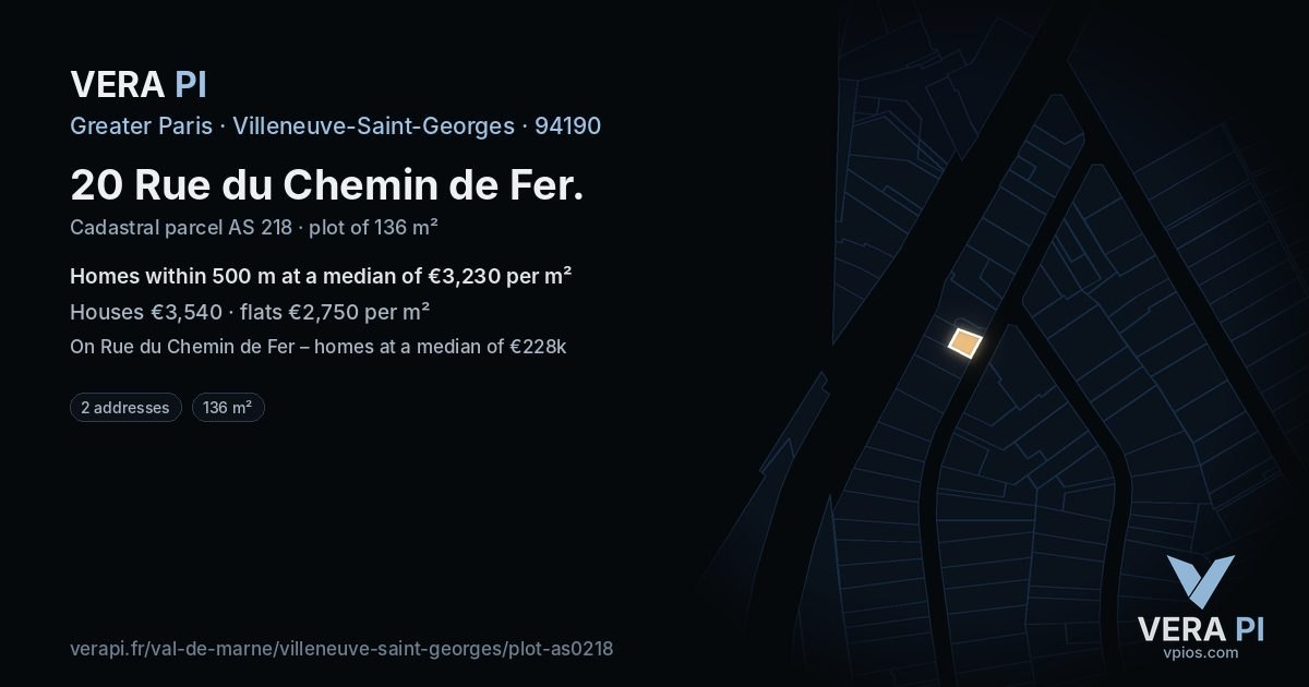 20 Rue du Chemin de Fer, Villeneuve-Saint-Georges at night – the plot lit, the parcels around coloured by the prices near them