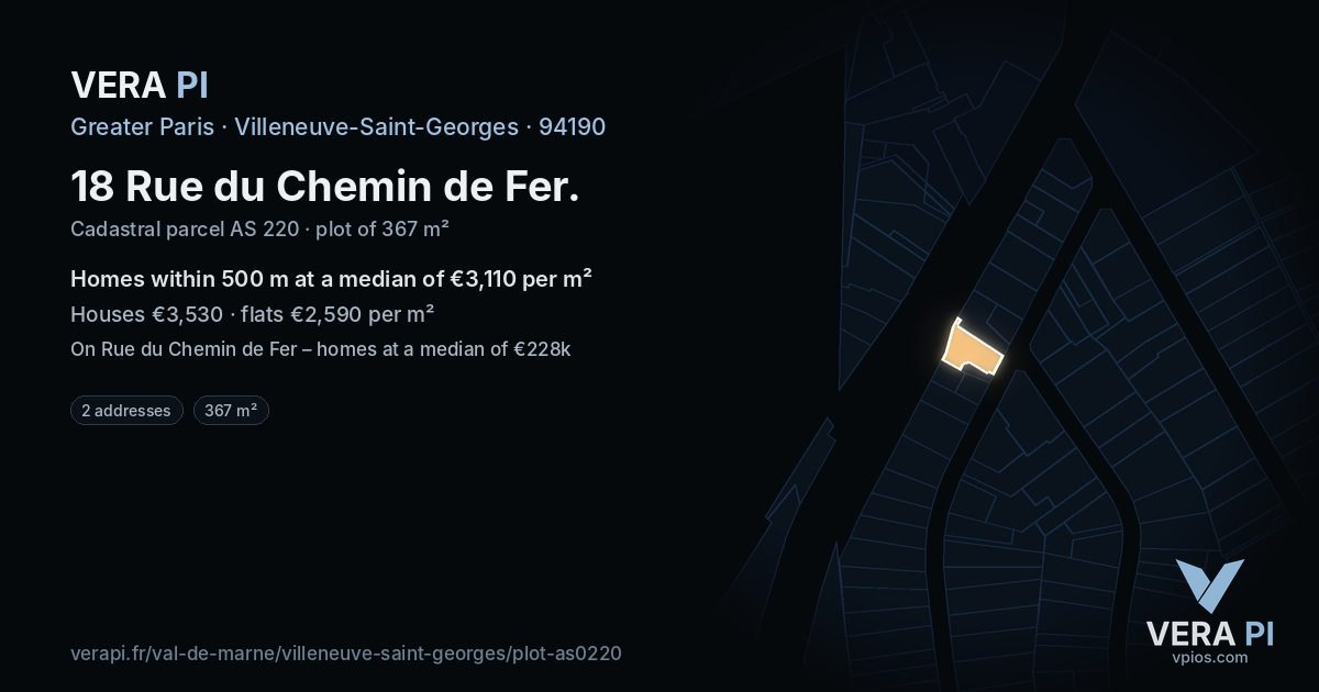 18 Rue du Chemin de Fer, Villeneuve-Saint-Georges at night – the plot lit, the parcels around coloured by the prices near them