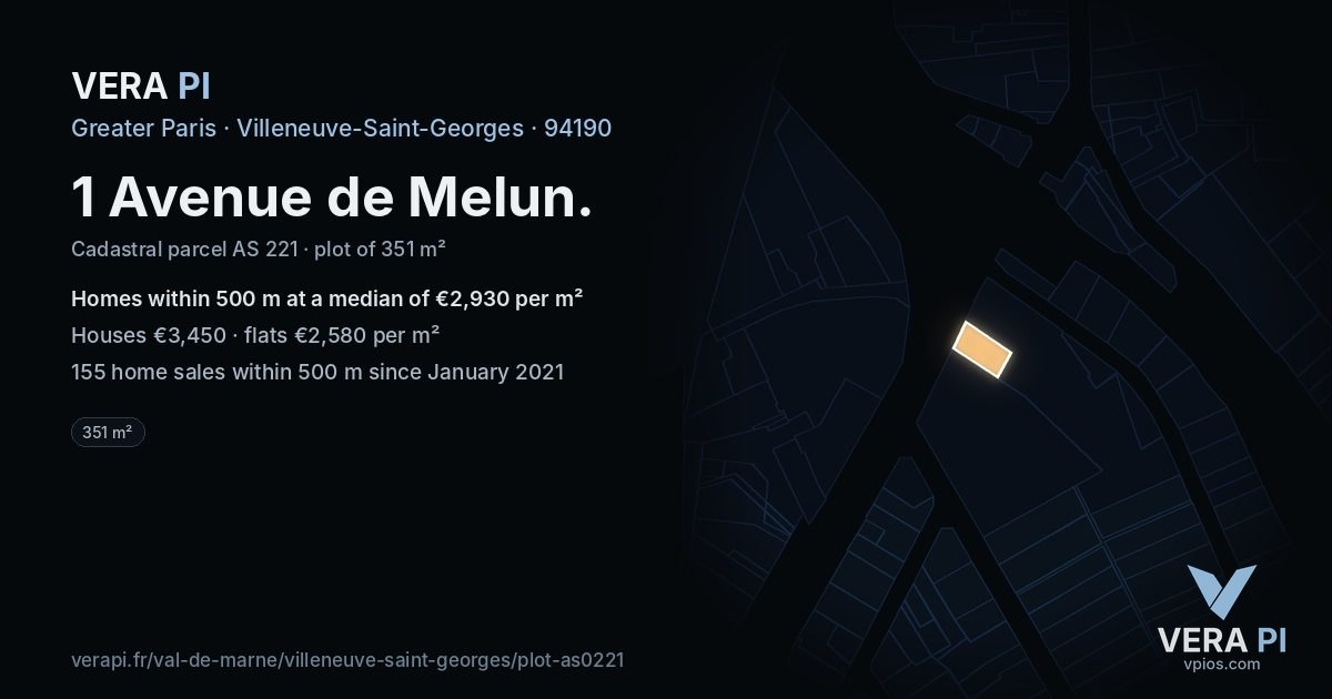 1 Avenue de Melun, Villeneuve-Saint-Georges at night – the plot lit, the parcels around coloured by the prices near them