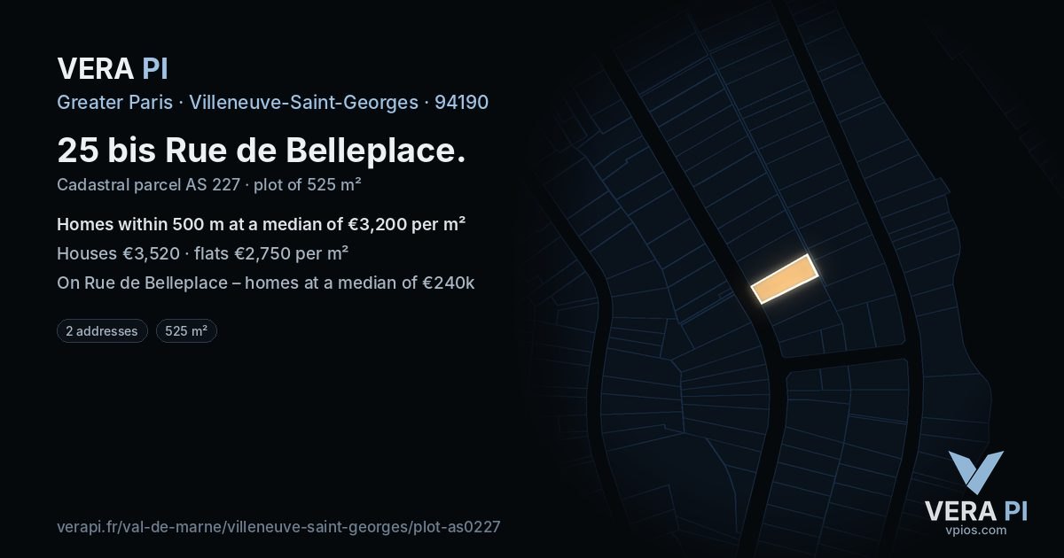 25 bis Rue de Belleplace, Villeneuve-Saint-Georges at night – the plot lit, the parcels around coloured by the prices near them