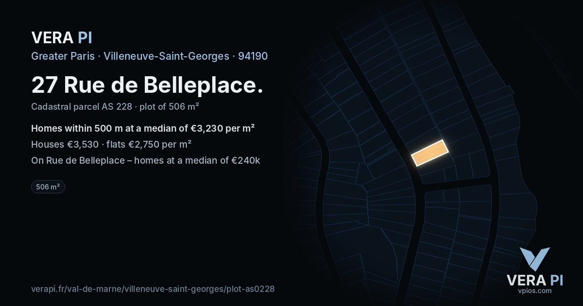 27 Rue de Belleplace, Villeneuve-Saint-Georges at night – the plot lit, the parcels around coloured by the prices near them