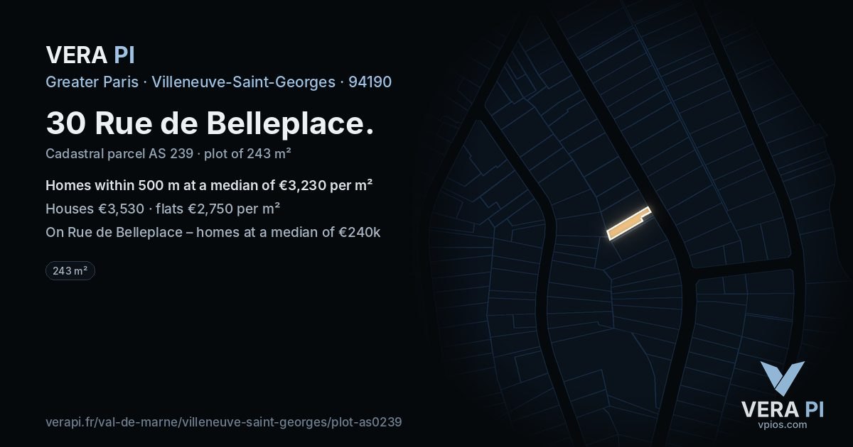 30 Rue de Belleplace, Villeneuve-Saint-Georges at night – the plot lit, the parcels around coloured by the prices near them