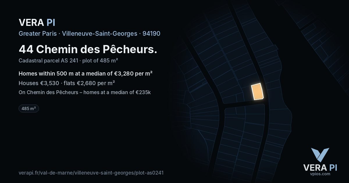 44 Chemin des Pêcheurs, Villeneuve-Saint-Georges at night – the plot lit, the parcels around coloured by the prices near them