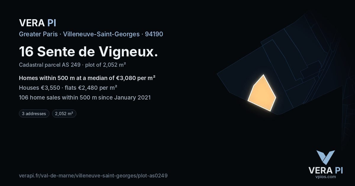 16 Sente de Vigneux, Villeneuve-Saint-Georges at night – the plot lit, the parcels around coloured by the prices near them