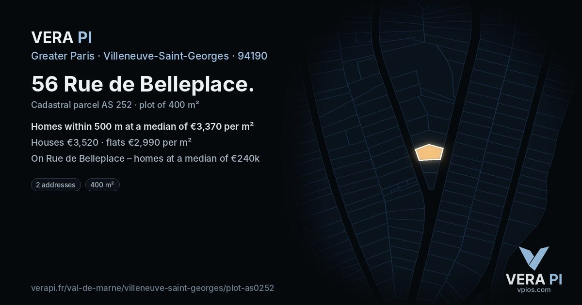 56 Rue de Belleplace, Villeneuve-Saint-Georges at night – the plot lit, the parcels around coloured by the prices near them