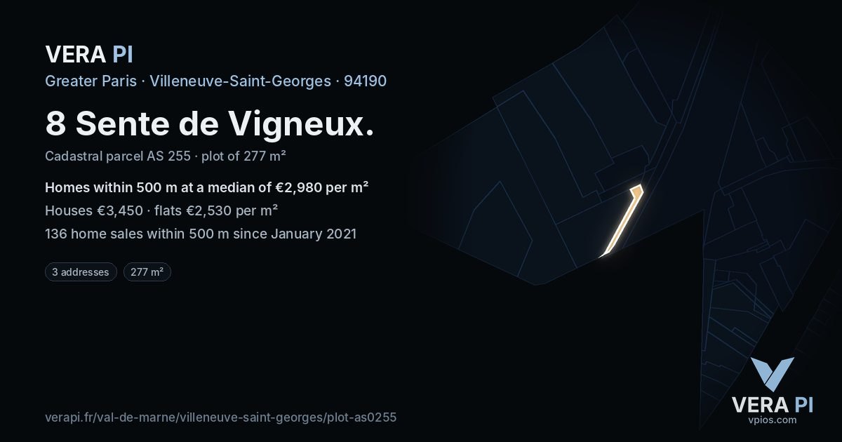 8 Sente de Vigneux, Villeneuve-Saint-Georges at night – the plot lit, the parcels around coloured by the prices near them