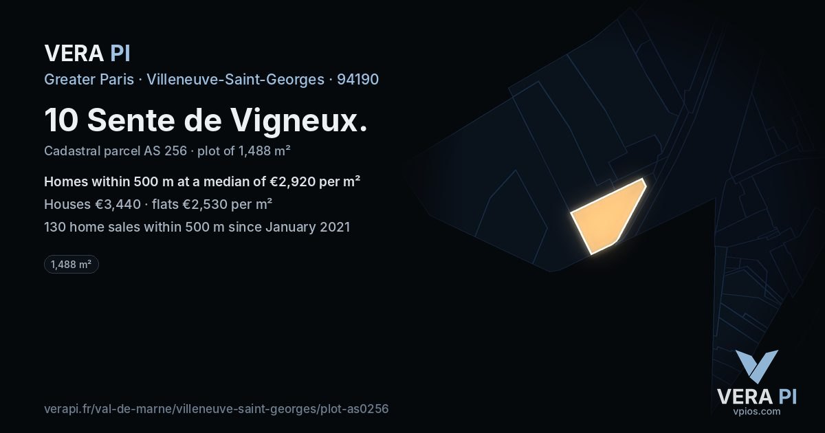 10 Sente de Vigneux, Villeneuve-Saint-Georges at night – the plot lit, the parcels around coloured by the prices near them