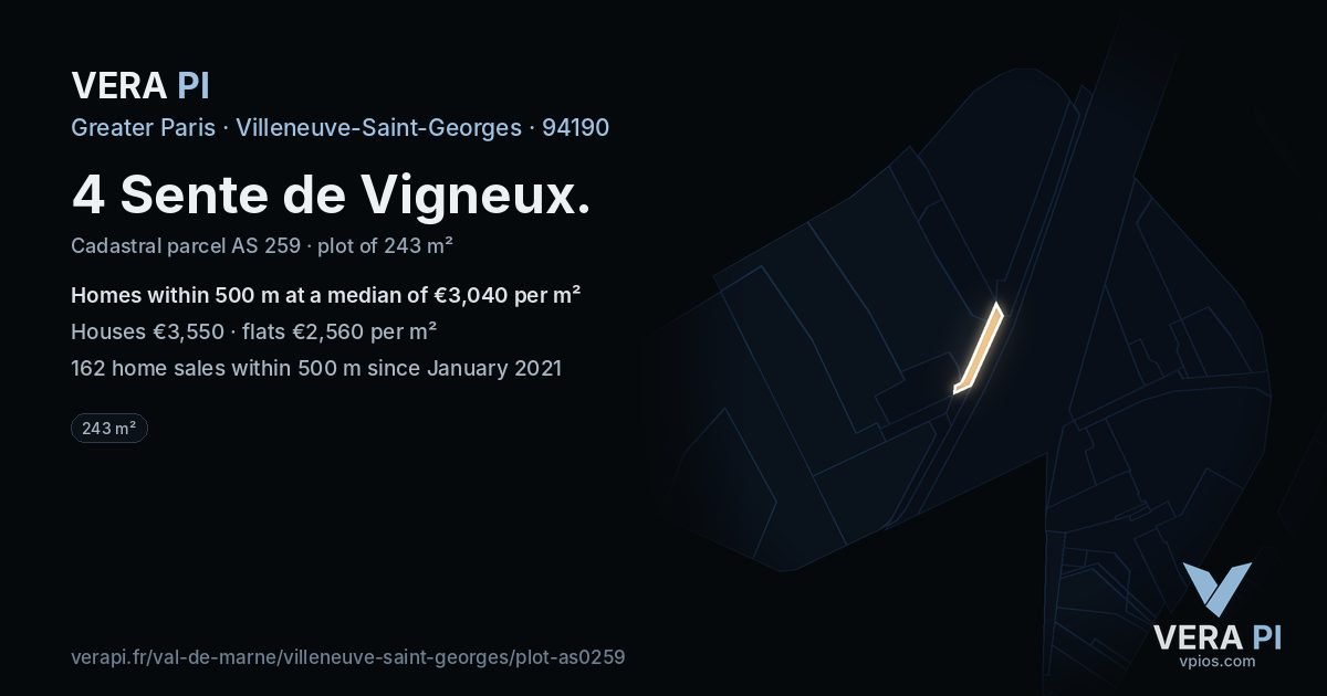 4 Sente de Vigneux, Villeneuve-Saint-Georges at night – the plot lit, the parcels around coloured by the prices near them