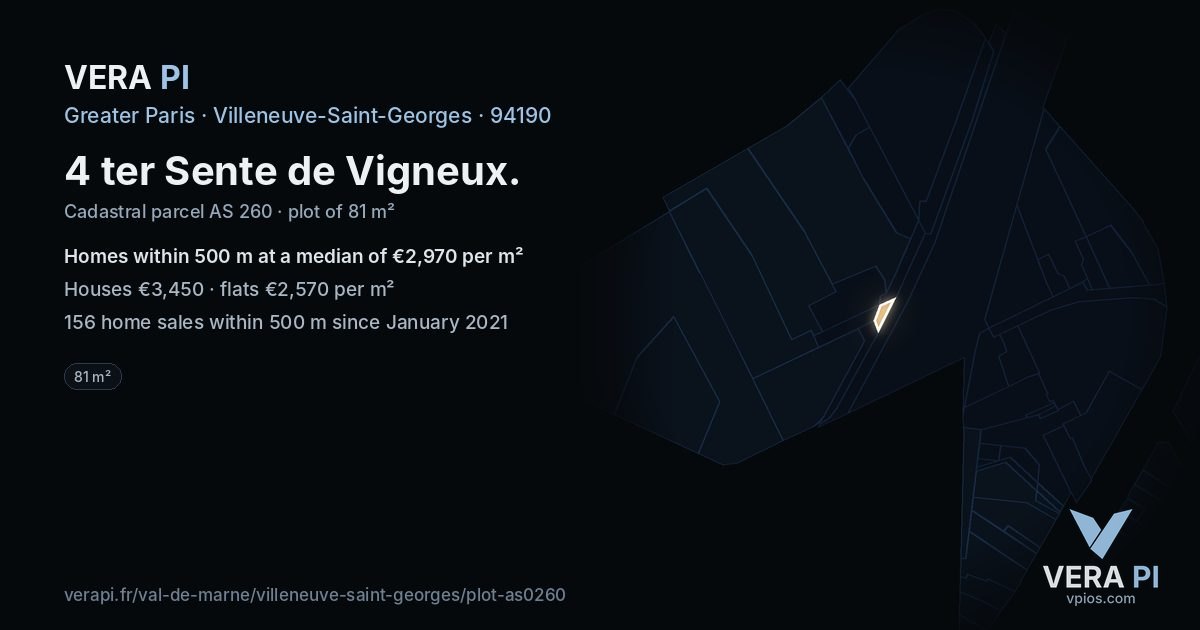 4 ter Sente de Vigneux, Villeneuve-Saint-Georges at night – the plot lit, the parcels around coloured by the prices near them