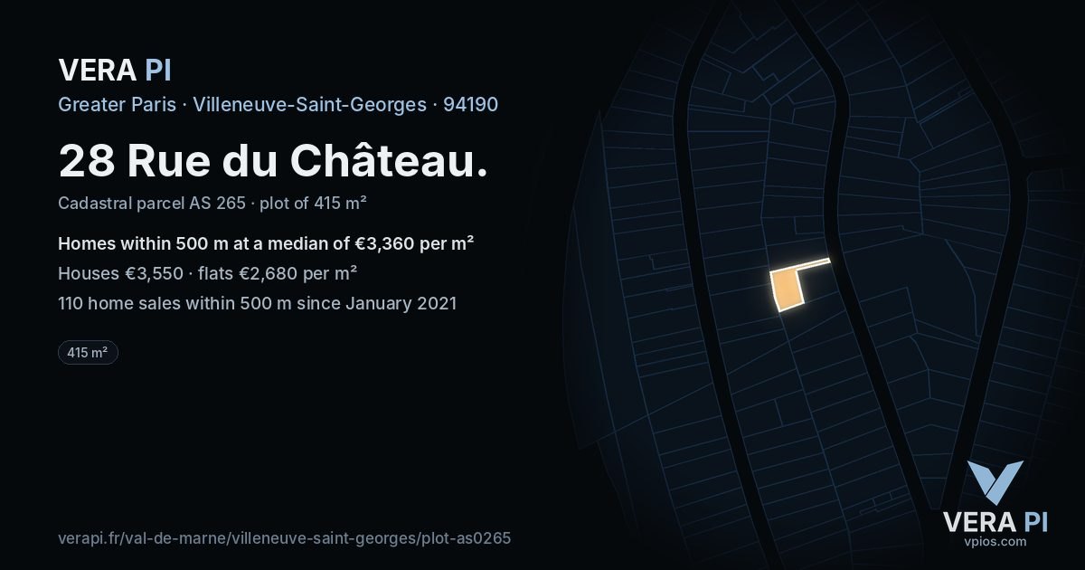 28 Rue du Château, Villeneuve-Saint-Georges at night – the plot lit, the parcels around coloured by the prices near them
