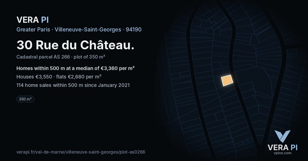 30 Rue du Château, Villeneuve-Saint-Georges at night – the plot lit, the parcels around coloured by the prices near them