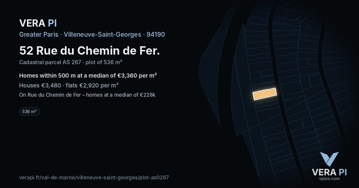 52 Rue du Chemin de Fer, Villeneuve-Saint-Georges at night – the plot lit, the parcels around coloured by the prices near them