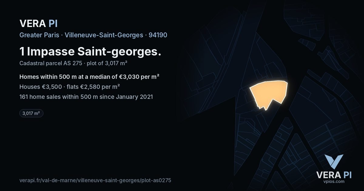 1 Impasse Saint-georges, Villeneuve-Saint-Georges at night – the plot lit, the parcels around coloured by the prices near them