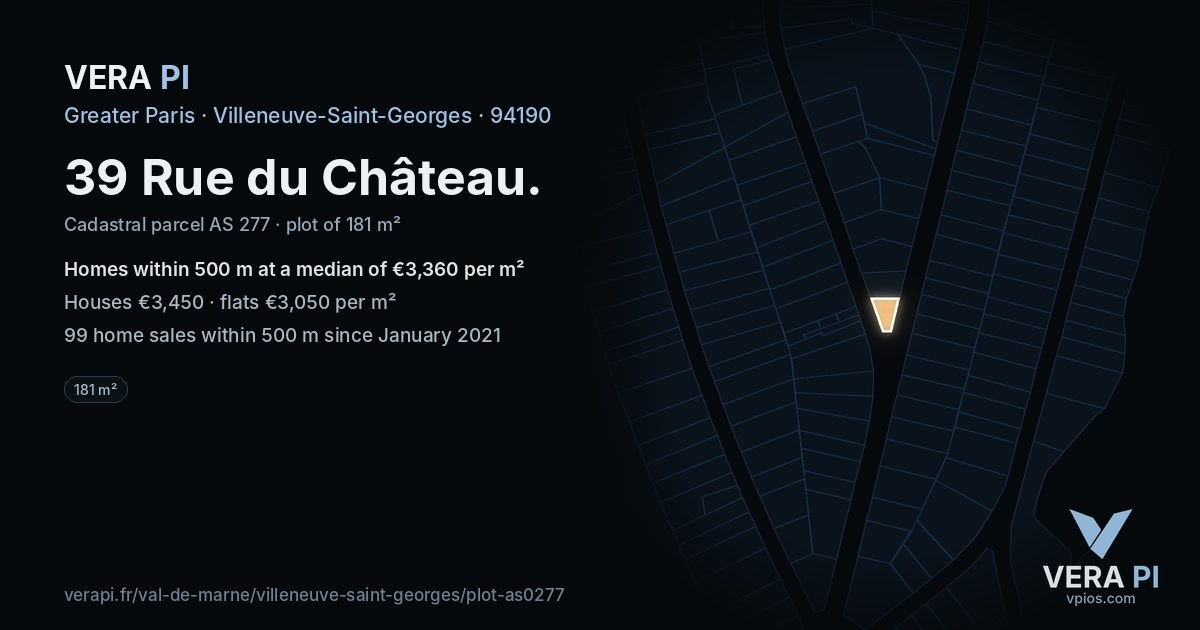 39 Rue du Château, Villeneuve-Saint-Georges at night – the plot lit, the parcels around coloured by the prices near them