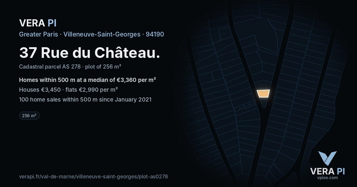 37 Rue du Château, Villeneuve-Saint-Georges at night – the plot lit, the parcels around coloured by the prices near them