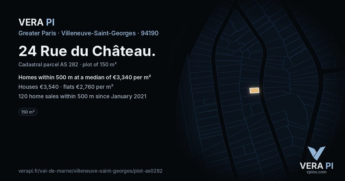 24 Rue du Château, Villeneuve-Saint-Georges at night – the plot lit, the parcels around coloured by the prices near them