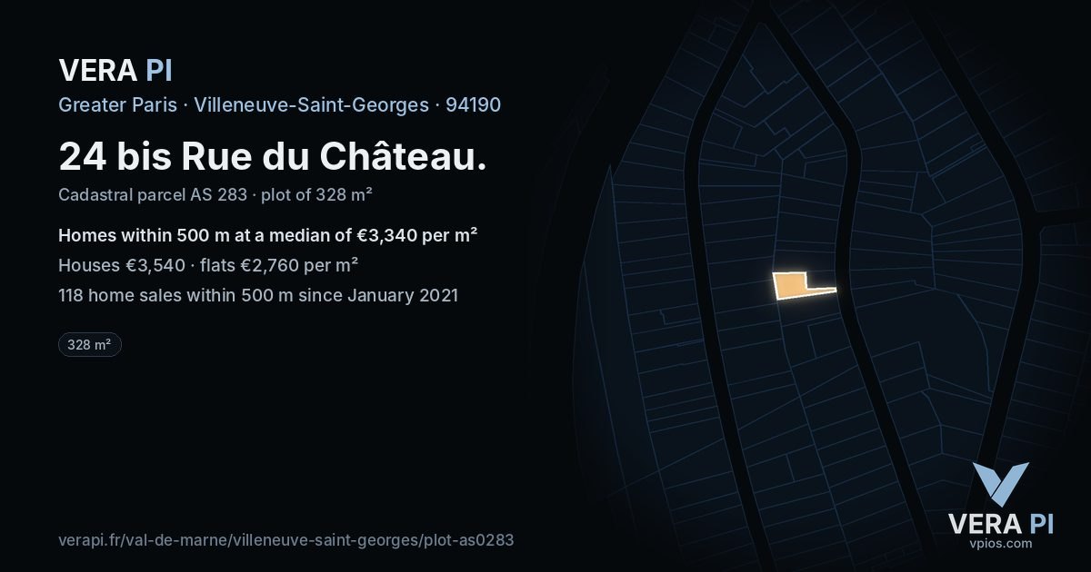 24 bis Rue du Château, Villeneuve-Saint-Georges at night – the plot lit, the parcels around coloured by the prices near them