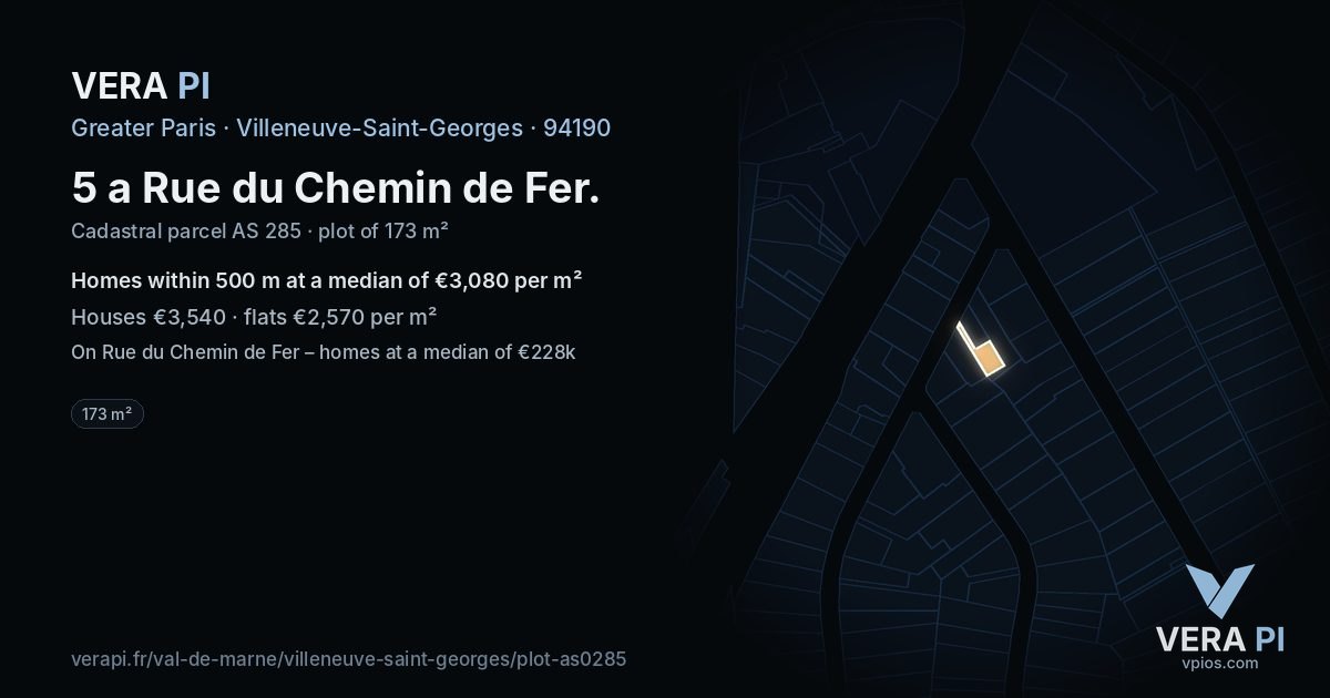 5 a Rue du Chemin de Fer, Villeneuve-Saint-Georges at night – the plot lit, the parcels around coloured by the prices near them