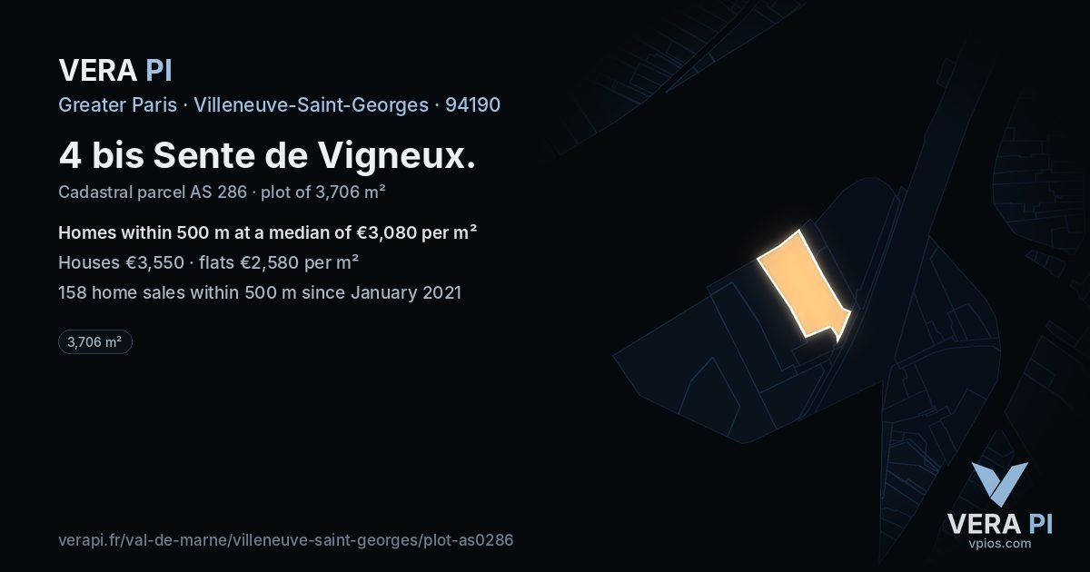 4 bis Sente de Vigneux, Villeneuve-Saint-Georges at night – the plot lit, the parcels around coloured by the prices near them