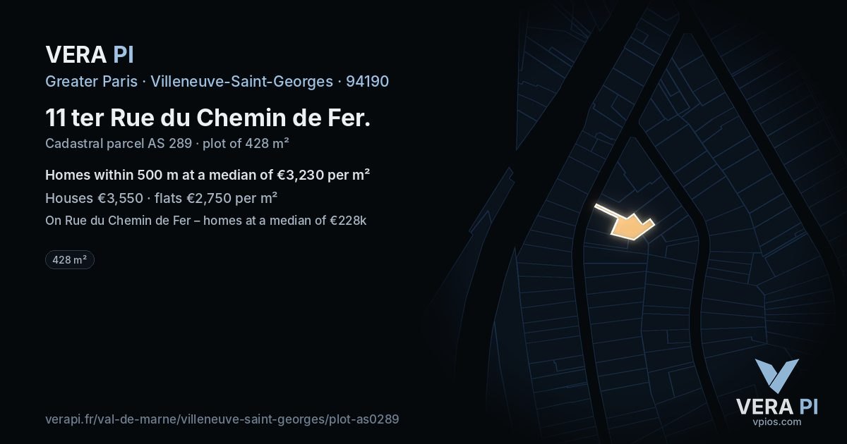 11 ter Rue du Chemin de Fer, Villeneuve-Saint-Georges at night – the plot lit, the parcels around coloured by the prices near them