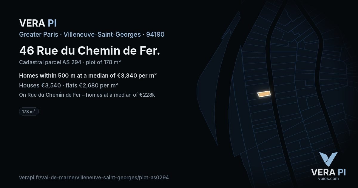 46 Rue du Chemin de Fer, Villeneuve-Saint-Georges at night – the plot lit, the parcels around coloured by the prices near them