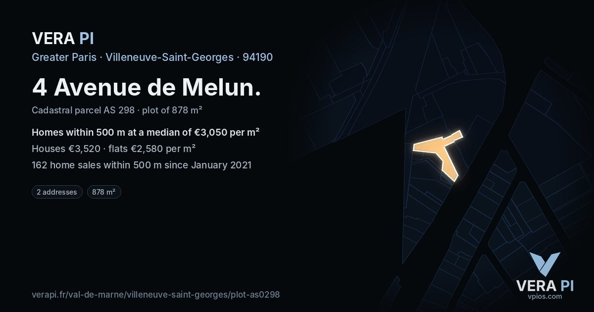 4 Avenue de Melun, Villeneuve-Saint-Georges at night – the plot lit, the parcels around coloured by the prices near them