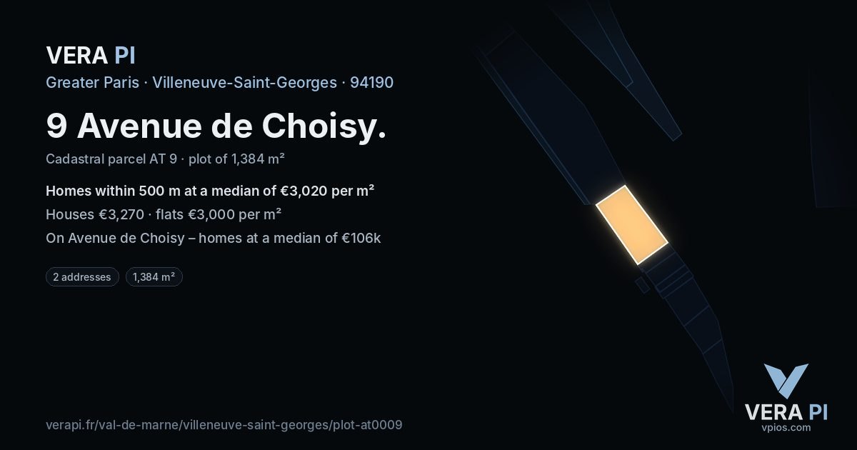 9 Avenue de Choisy, Villeneuve-Saint-Georges at night – the plot lit, the parcels around coloured by the prices near them