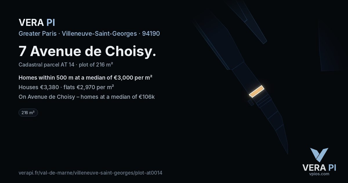 7 Avenue de Choisy, Villeneuve-Saint-Georges at night – the plot lit, the parcels around coloured by the prices near them