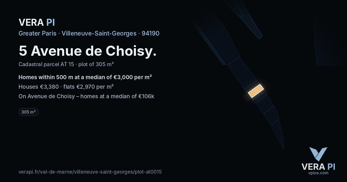 5 Avenue de Choisy, Villeneuve-Saint-Georges at night – the plot lit, the parcels around coloured by the prices near them