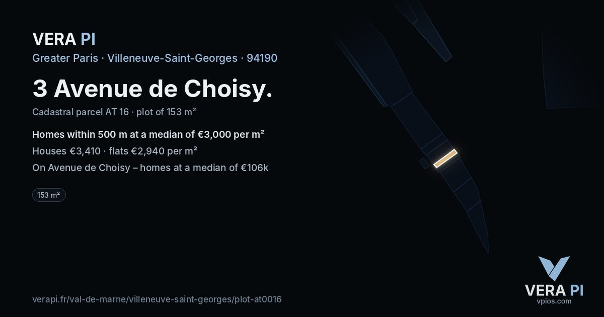 3 Avenue de Choisy, Villeneuve-Saint-Georges at night – the plot lit, the parcels around coloured by the prices near them
