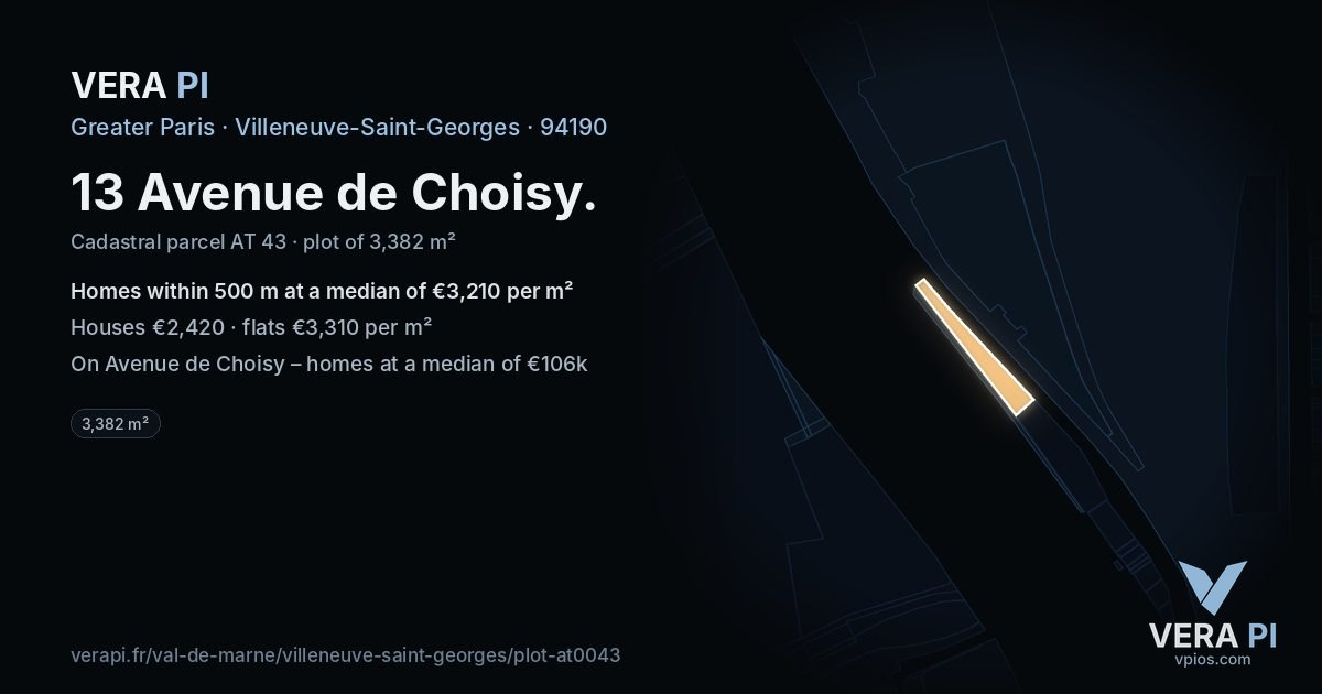13 Avenue de Choisy, Villeneuve-Saint-Georges at night – the plot lit, the parcels around coloured by the prices near them