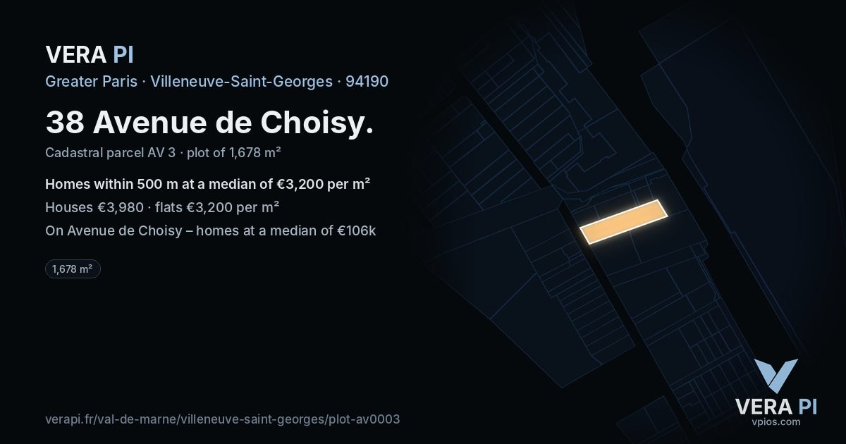 38 Avenue de Choisy, Villeneuve-Saint-Georges at night – the plot lit, the parcels around coloured by the prices near them