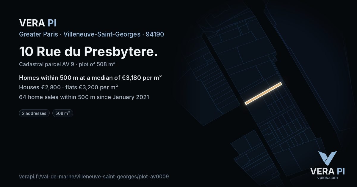 10 Rue du Presbytere, Villeneuve-Saint-Georges at night – the plot lit, the parcels around coloured by the prices near them
