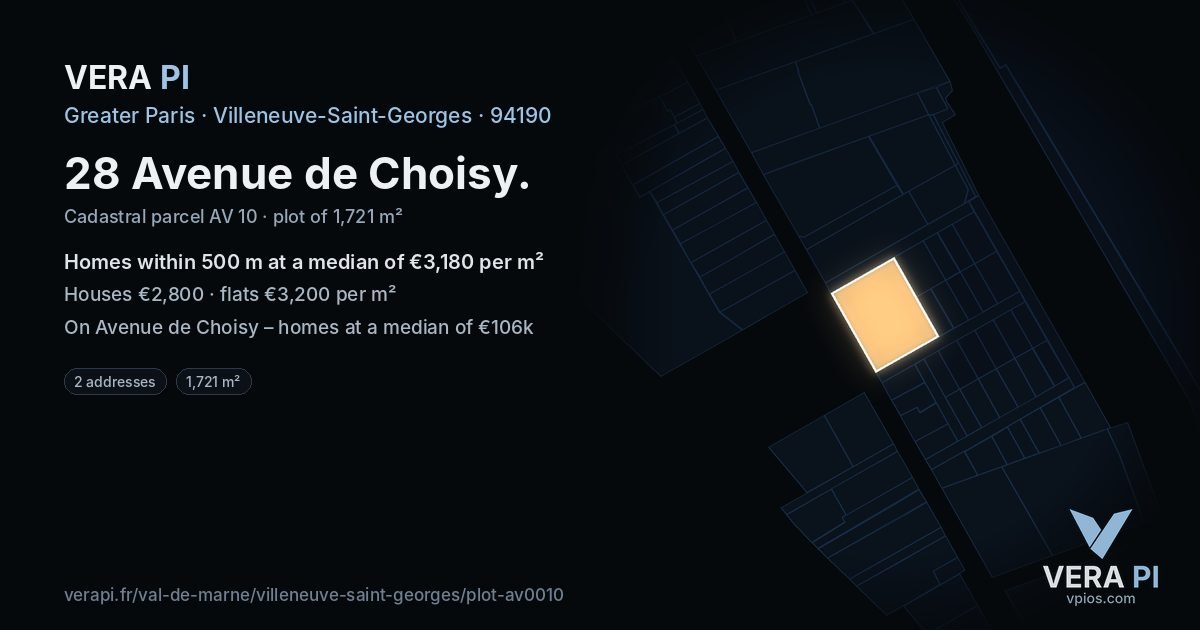 28 Avenue de Choisy, Villeneuve-Saint-Georges at night – the plot lit, the parcels around coloured by the prices near them