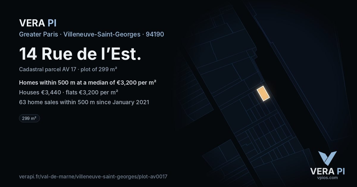 14 Rue de l’Est, Villeneuve-Saint-Georges at night – the plot lit, the parcels around coloured by the prices near them