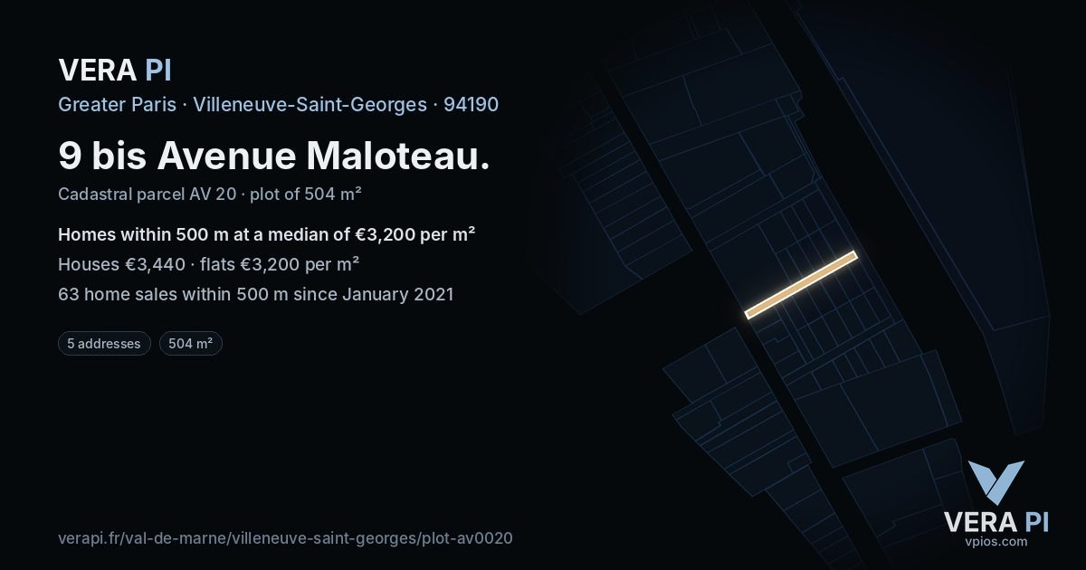 9 bis Avenue Maloteau, Villeneuve-Saint-Georges at night – the plot lit, the parcels around coloured by the prices near them