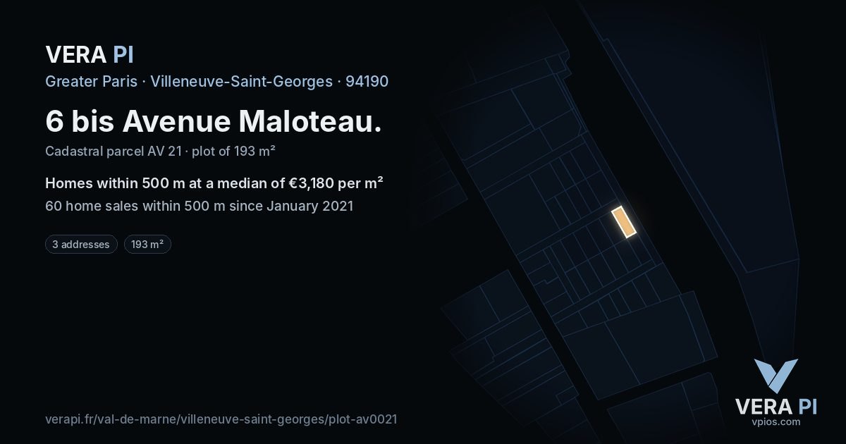 6 bis Avenue Maloteau, Villeneuve-Saint-Georges at night – the plot lit, the parcels around coloured by the prices near them