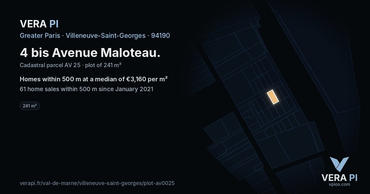 4 bis Avenue Maloteau, Villeneuve-Saint-Georges at night – the plot lit, the parcels around coloured by the prices near them